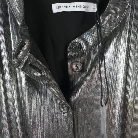 NWT REBECCA MINKOFF OLLIE Gray Silver GUNMETAL Shiny Button Mini Dress MEDIUM - Picture 13 of 16